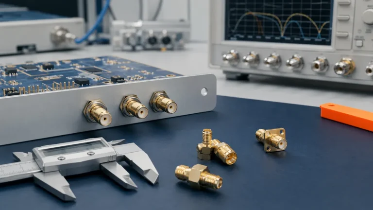 SMA connector dimensions being reviewed with PCB, panel interface, caliper, and RF test equipment