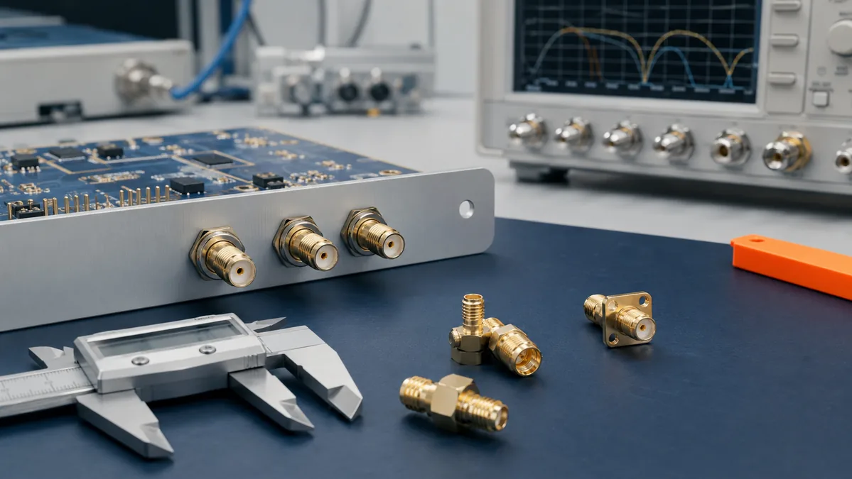 SMA connector dimensions being reviewed with PCB, panel interface, caliper, and RF test equipment