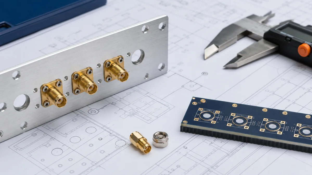 Panel cutout and PCB footprint review for SMA connector dimensions using drawings and caliper