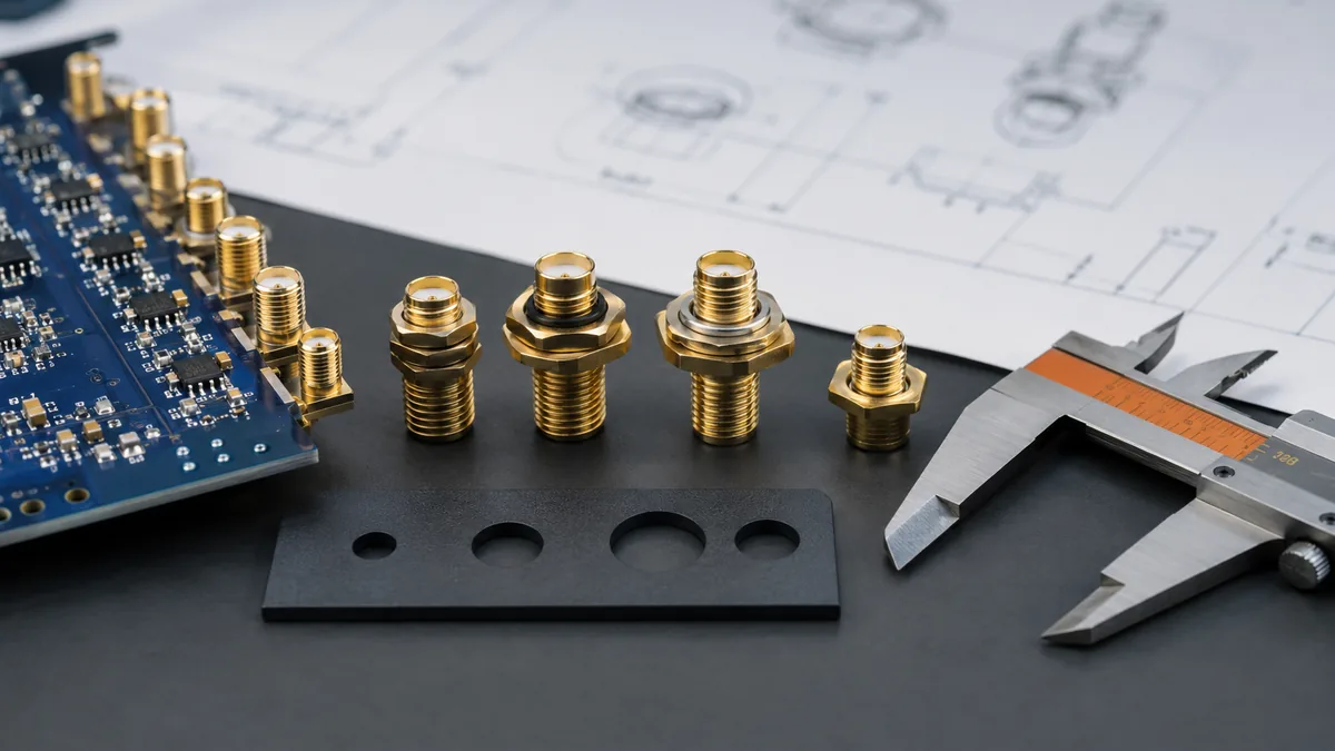 SMA connector size comparison with calipers, panel cutout sample, and PCB edge