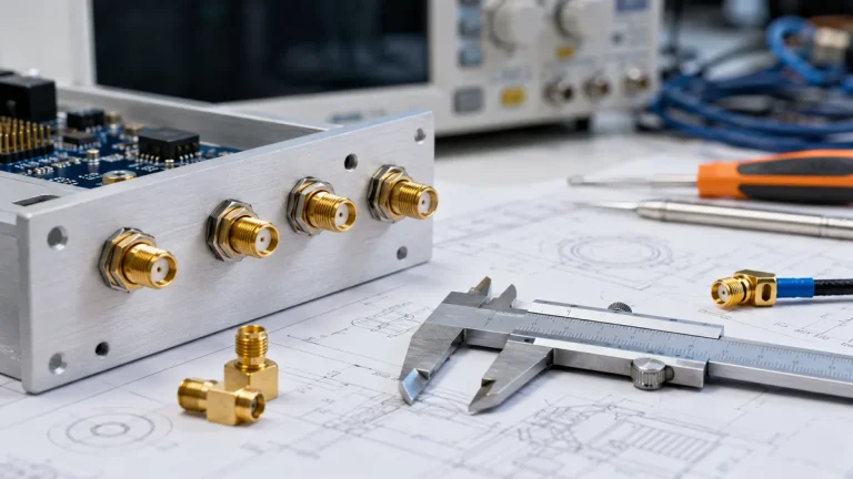 SMA connectors mounted on an I/O panel with calipers and mechanical drawings for size review