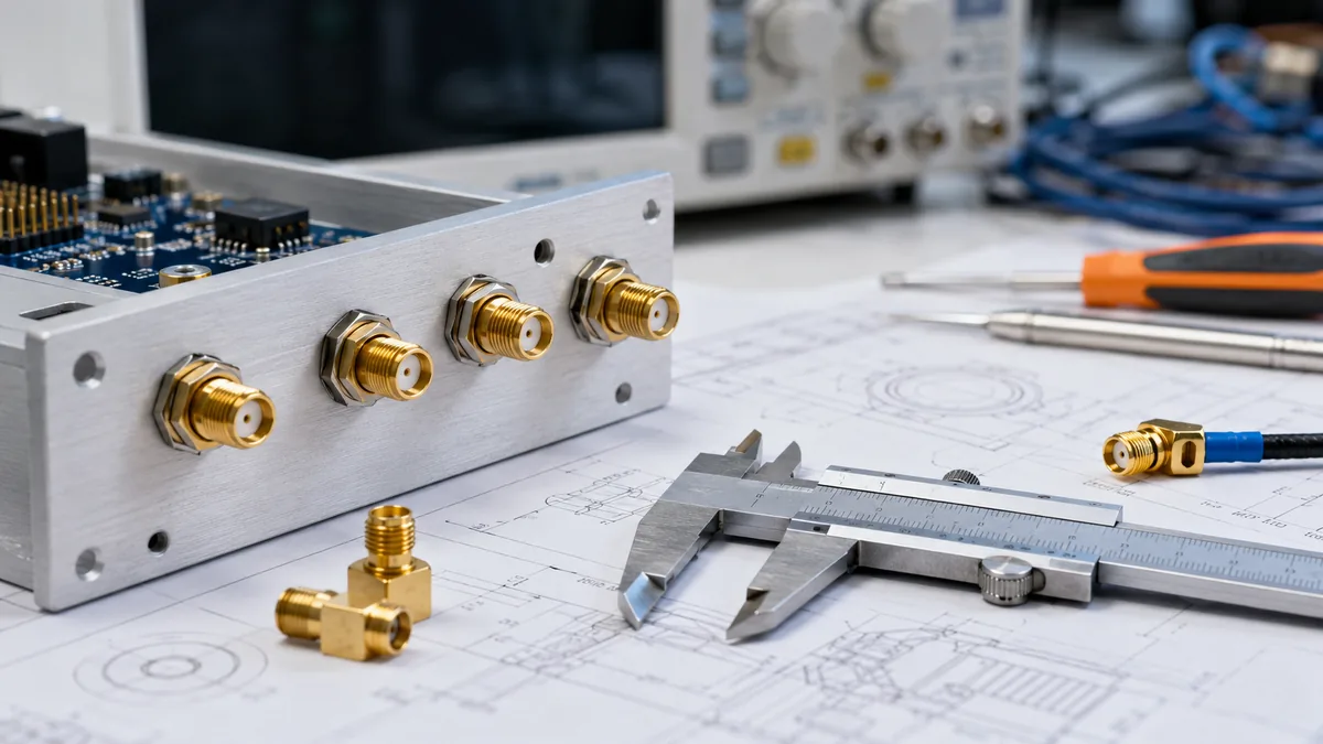 SMA connectors mounted on an I/O panel with calipers and mechanical drawings for size review