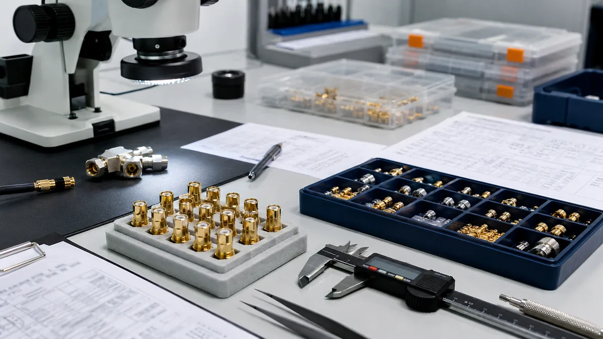 Connector inspection workspace with SMA connector samples, microscope, calipers, and quality documents