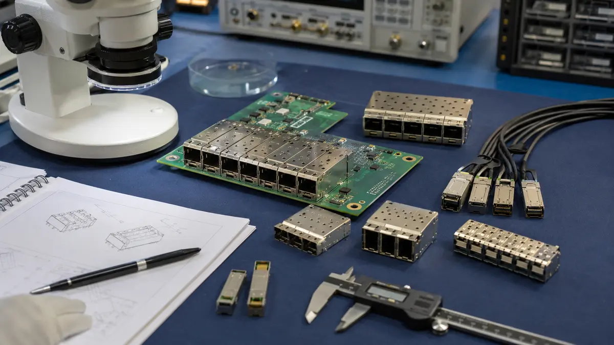 Engineering review bench with SFP cage samples, PCB, microscope, calipers, and test cables