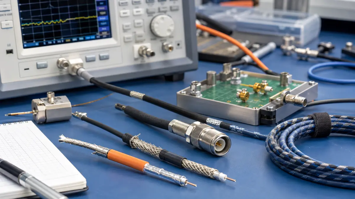 RF cable assembly shielding and signal integrity review in an electronics lab