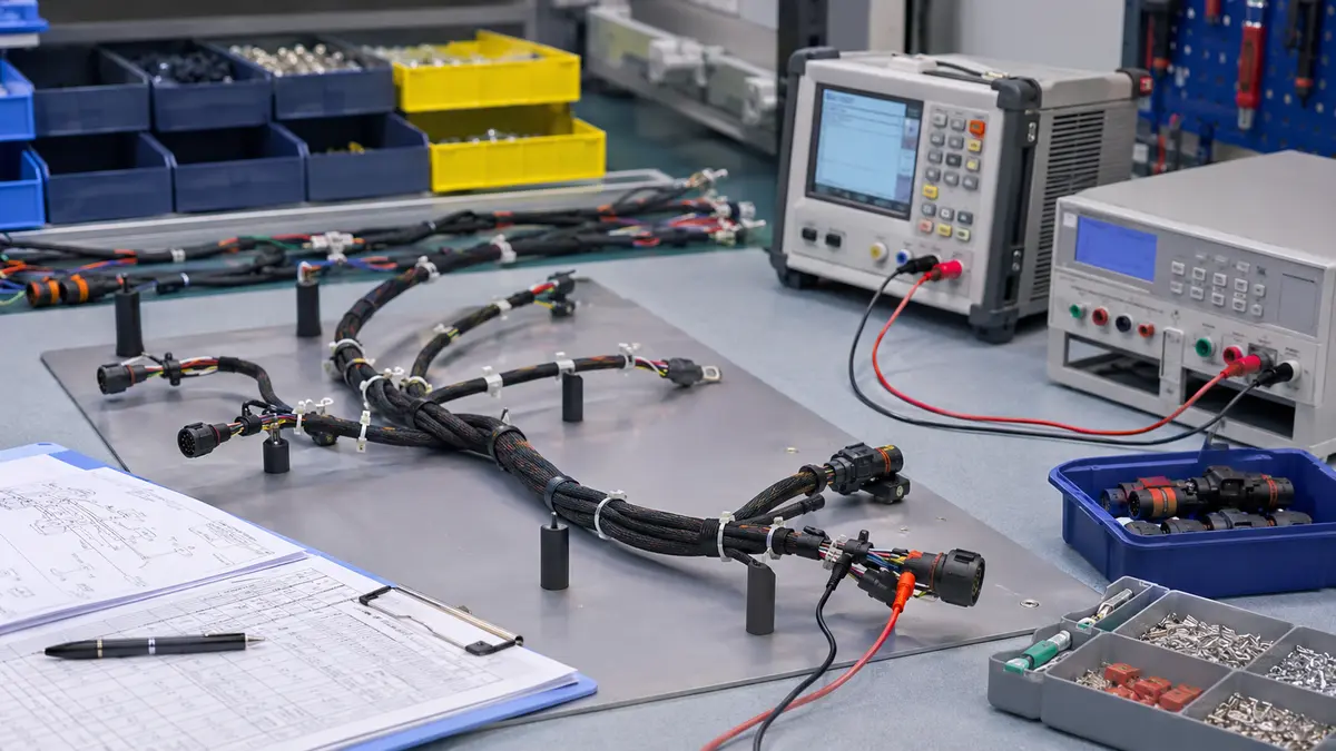 Cable assembly electrical testing plan with harness fixture and lab instruments