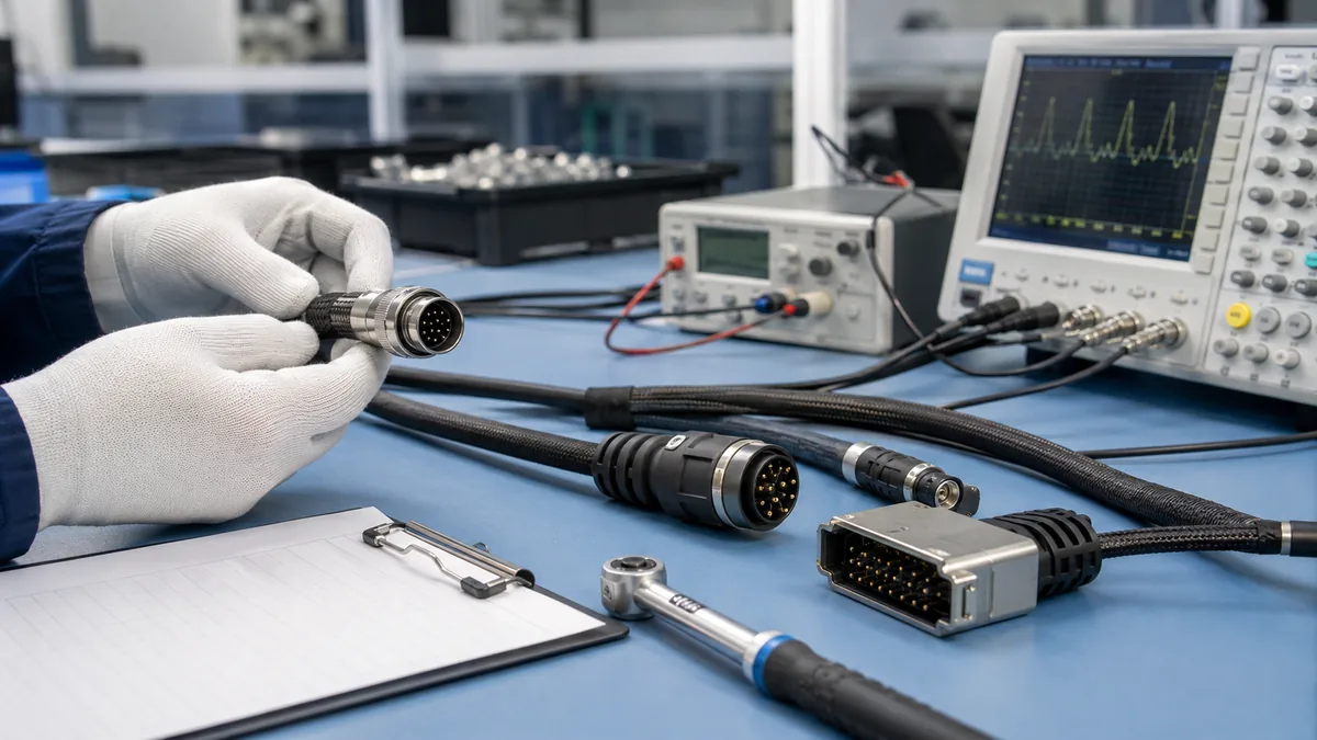 Cable assembly connectors inspected with test equipment and torque tools