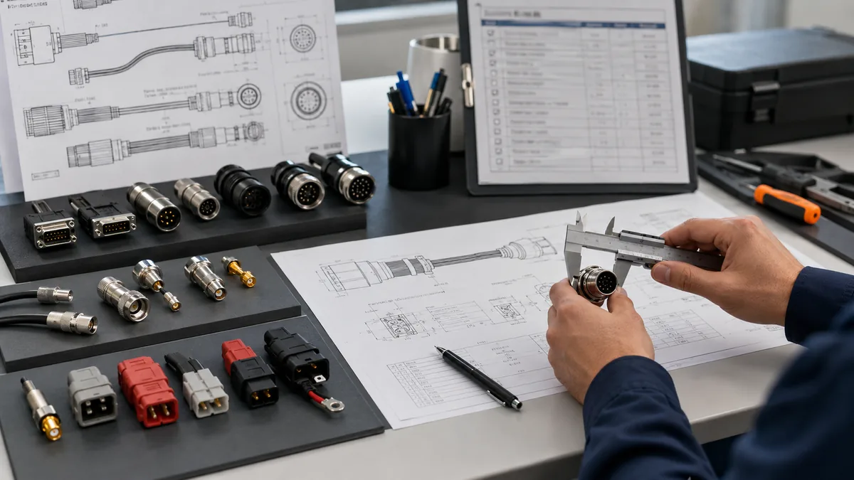 Engineer reviewing cable connector samples with drawings and measurement tools