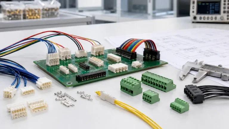 Wire-to-board connector samples arranged on a PCB for engineering selection