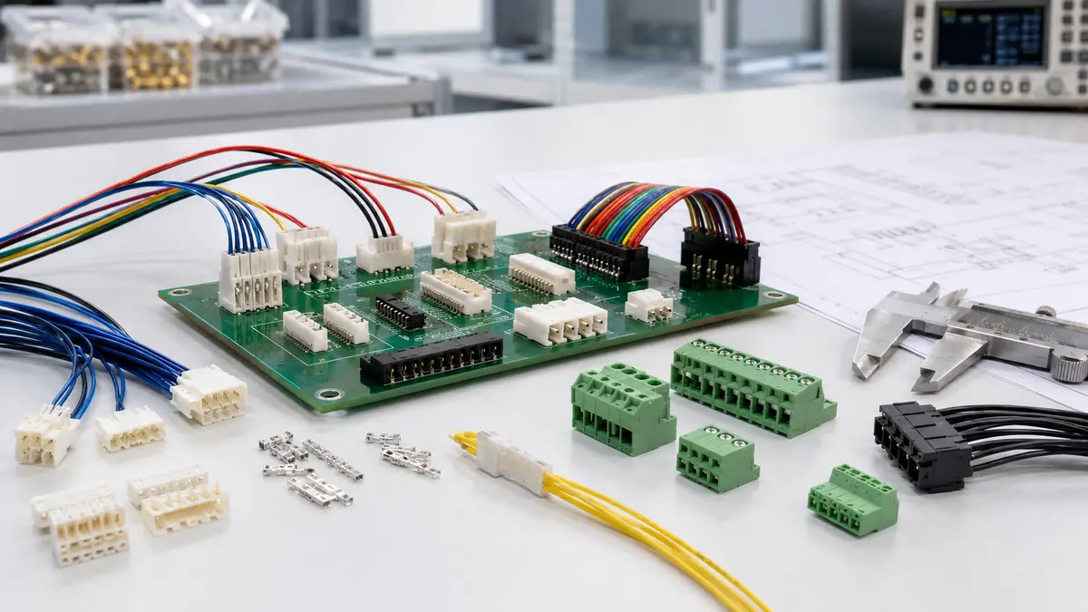 Wire-to-board connector samples arranged on a PCB for engineering selection