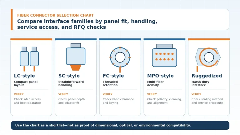 Types of fiber connectors chart comparing LC-style, SC-style, FC-style, MPO-style, and ruggedized interface families