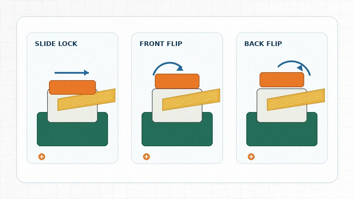 Comparison diagram of slide lock, front-flip, and back-flip FPC connector actuators