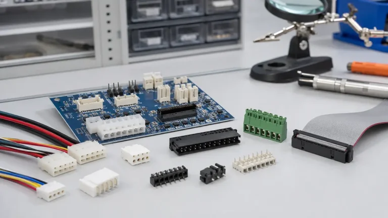 Wire-to-board connector examples arranged on an electronics engineering bench
