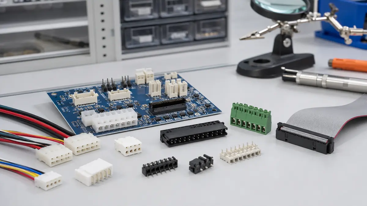 Wire-to-board connector examples arranged on an electronics engineering bench