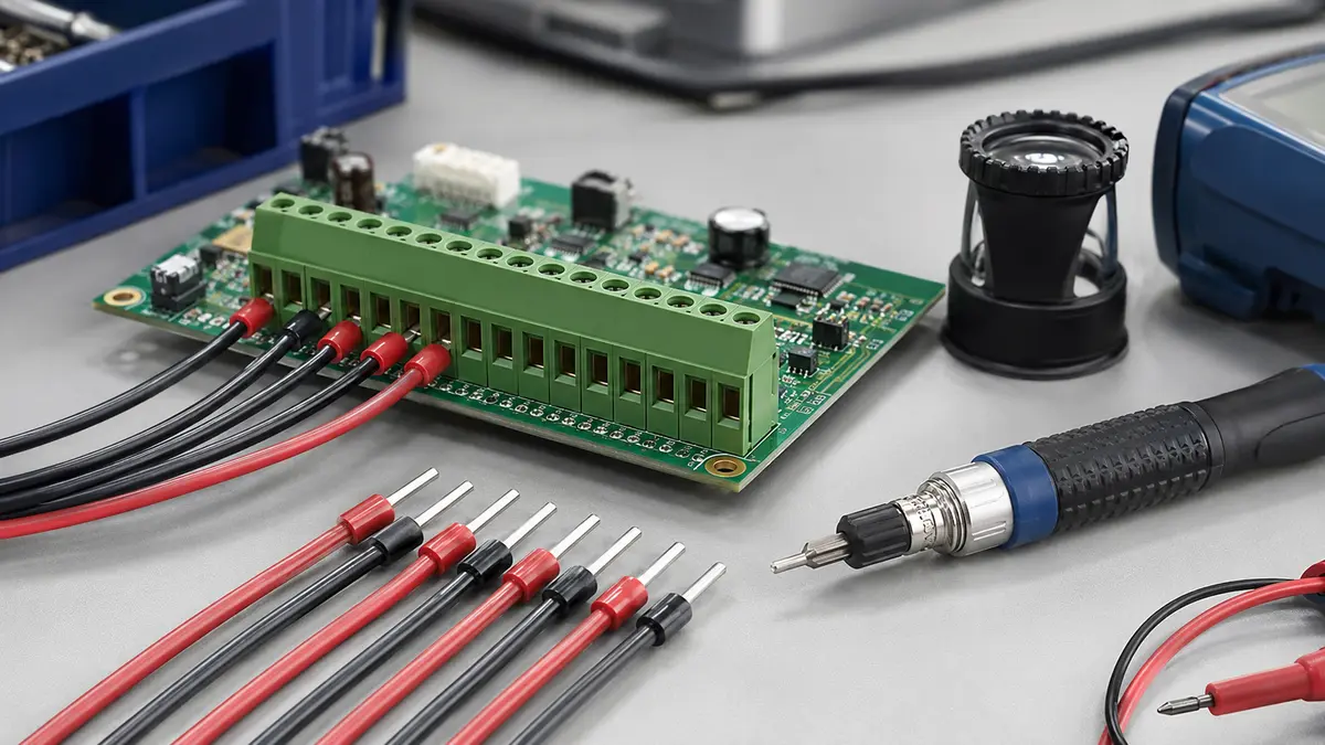 Terminal block wire insertion preparation with ferruled wires and inspection tools
