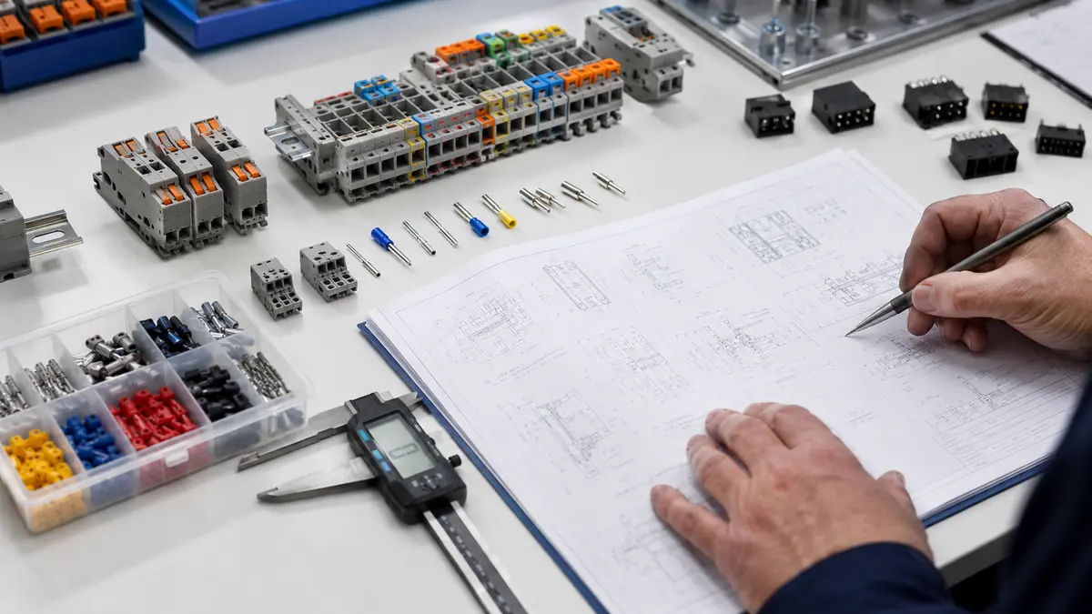 Engineering review bench with terminal block samples, PCB connector samples, ferrules, drawings, and measurement tools