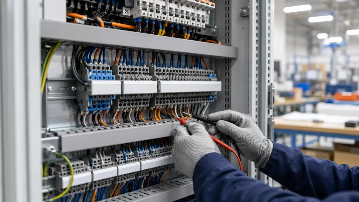 Terminal blocks arranged inside an industrial control cabinet during electrical testing