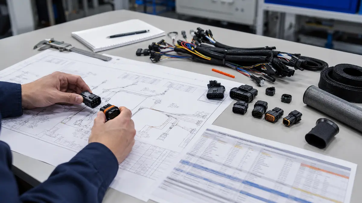 Wire harness drawing and connector samples reviewed before production