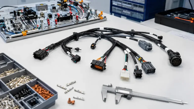 Custom wiring harness with connector samples arranged on an engineering workbench
