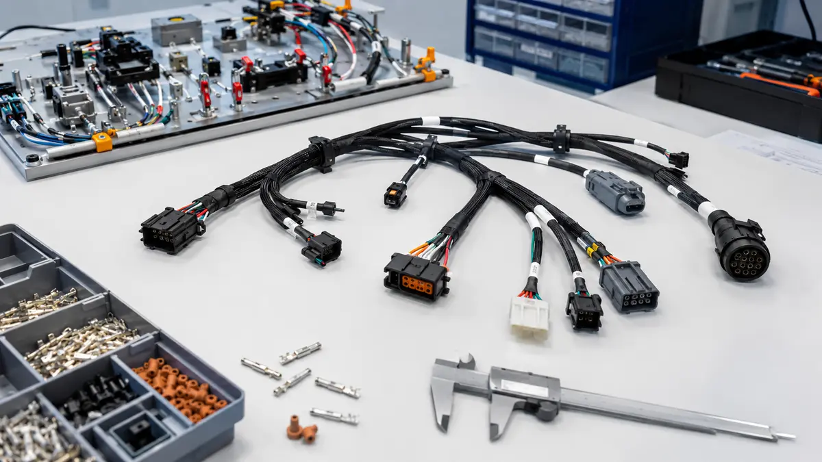 Custom wiring harness with connector samples arranged on an engineering workbench