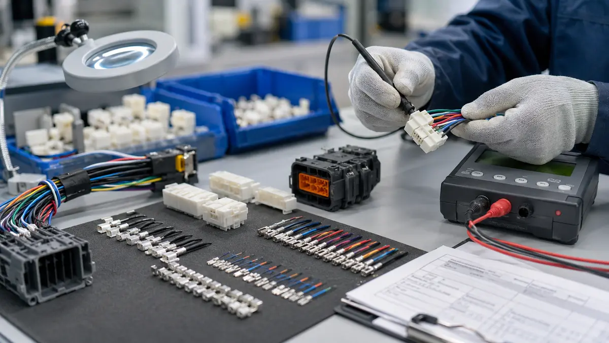 Wire harness terminals and connector housings inspected on a quality control bench