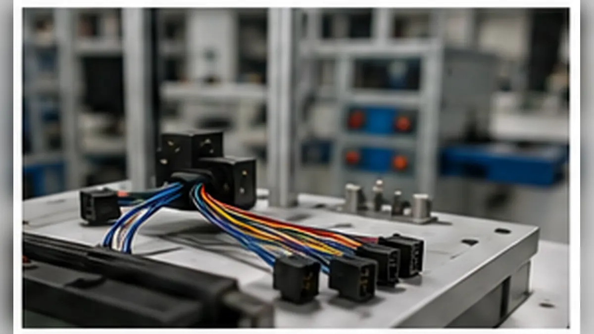 Cable assembly sample arranged on a production fixture for dimensional and electrical validation