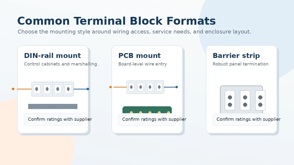 Comparison of DIN rail, PCB mount, and barrier strip terminal block formats