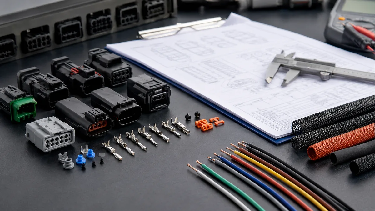 Connector housings terminals and wire samples prepared for automotive harness RFQ review