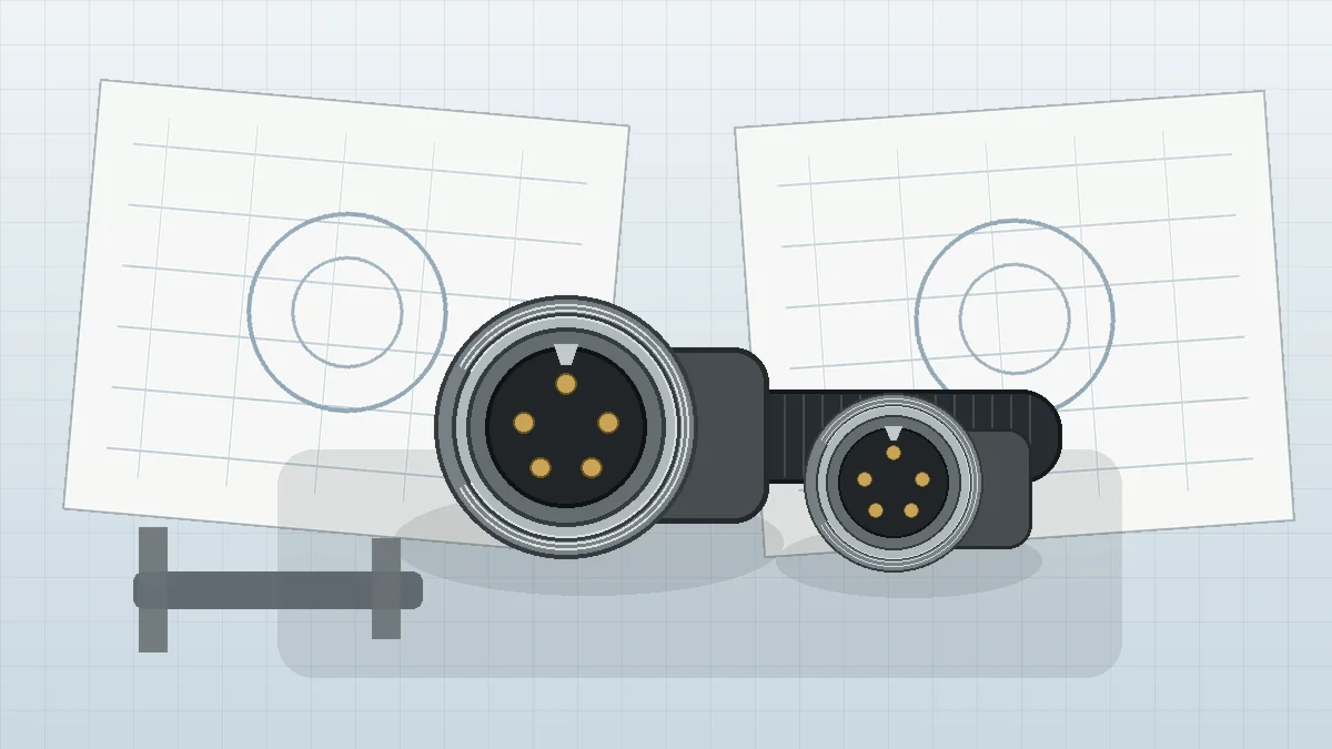 Illustration of an M12-style circular connector being reviewed against engineering drawings