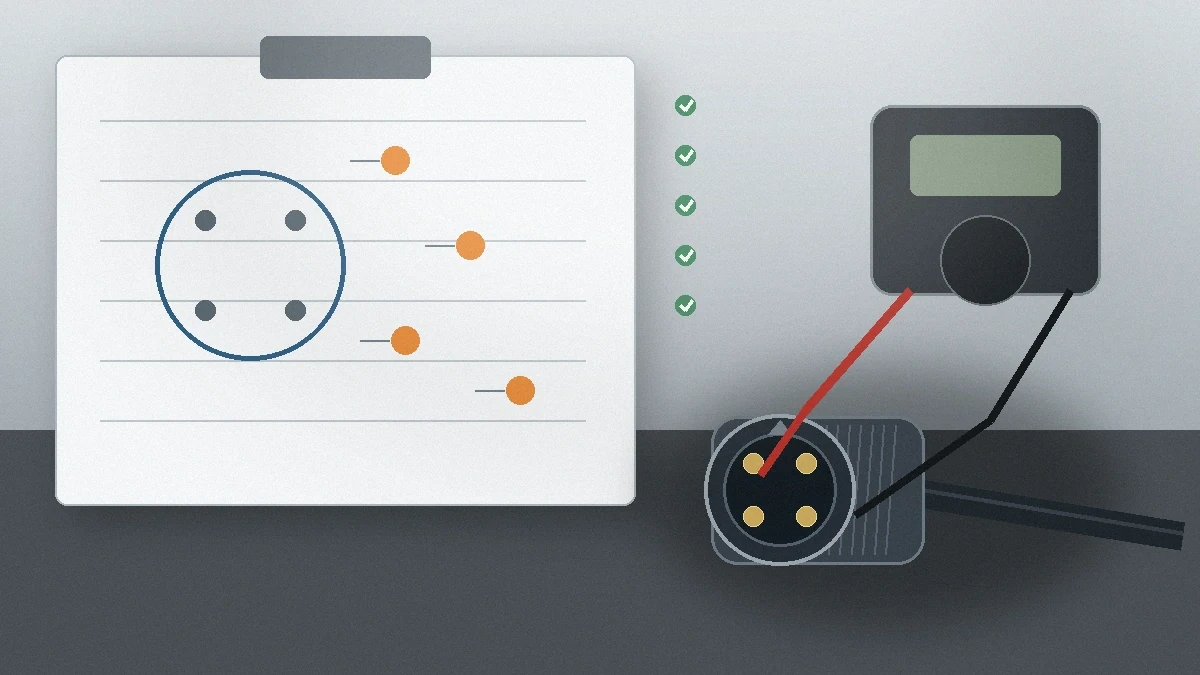 Engineering review of a connector drawing with continuity test leads and a four-contact circular connector