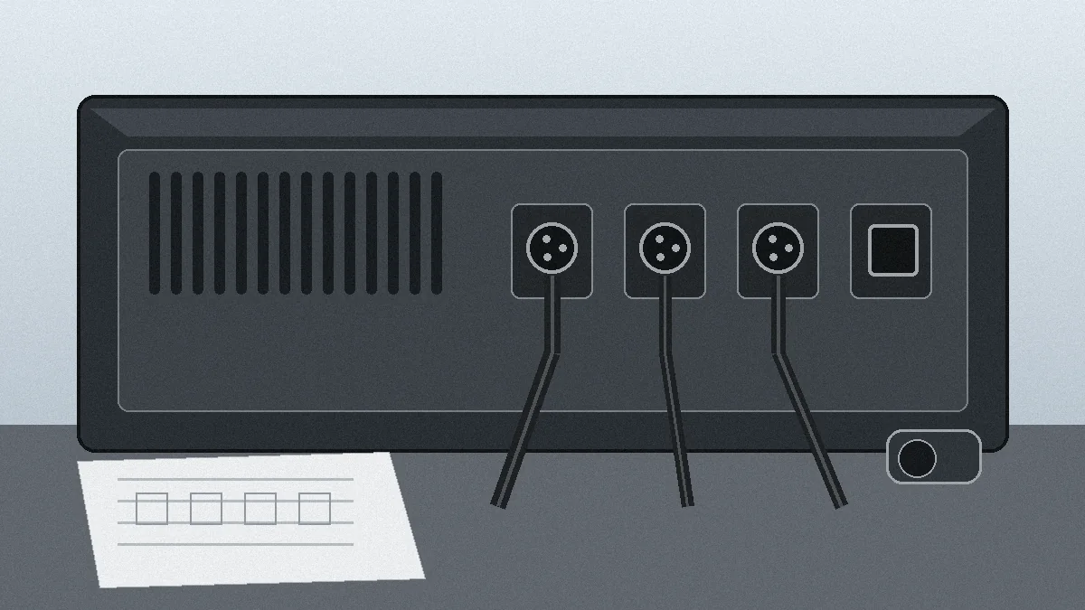 Amplifier rear-panel connector interfaces shown as an engineering illustration