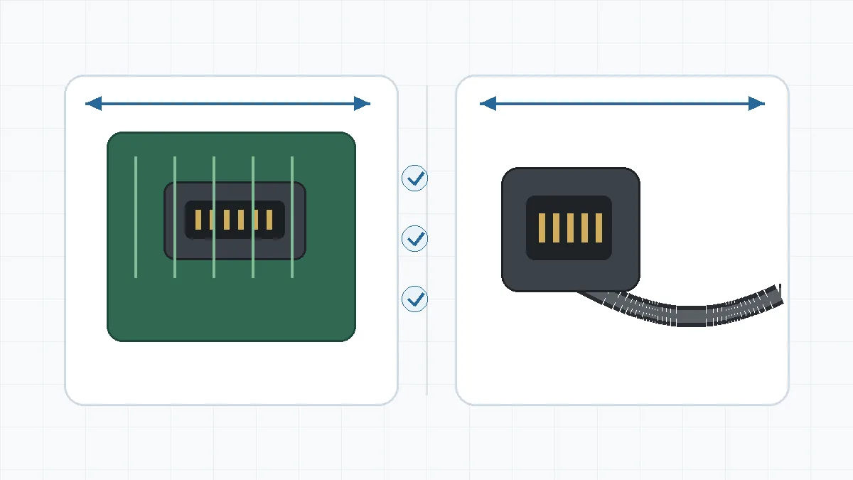 Board-fixed and cable-terminated connector review layout with PCB and cable assembly